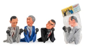 POLITICAL PUNCHING PUPPETS. Group of four, probably made in the late 1980's. The puppets are caricatures of John Howard, Bob Hawke and Paul Keating (2 examples, one still in original packaging). The label on the Keating puppet shows that they were made in Taiwan ROC. The puppets were originally based on Punch & Judy but later became a popular kid’s toy with caricatures of boxers (Muhammad Ali, Rocky, Mr T, Ninja etc) and inevitably, politicians. 26cm high