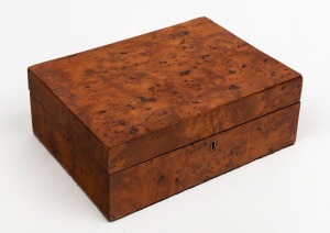 An antique burl timber box, interior fitted with cedar secondary lid, 19th century, 11.5cm high, 30.5cm wide,  ​​​​​​​