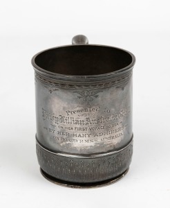 An antique American silver tankard with inscription "Presented To Daisy Lillian Australia Chest, On Her First Voyage To Sea, By Her Many Admirers On Board R.M.S.S. AUSTRALIA", circa 1890s, stamped "STERLING, VANDERSLICE & Co. 136 Sutter St. S.F. CAL.", ​​