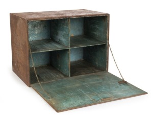DROVER'S TUCKERBOX, drop front with four vermin-proof internal compartments and original painted finish on zinc, mid 19th century, a rare survivor, 44cm high, 60cm wide, 37cm deep