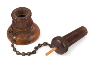 An antique voice pipe speaking tube mouthpiece, turned wood with brass mounts and chain, whalebone stopper pin to whistle section, 19th century, scarce, 8.5cm high