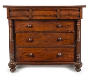 A Colonial Australian cedar chest of six drawers with cantilever top and unusual barley twist and fluted columns, full cedar construction with cross banded edging and cockbeaded decoration, New South Wales origin, circa 1840, 118cm high, 139cm wide, 63cm 