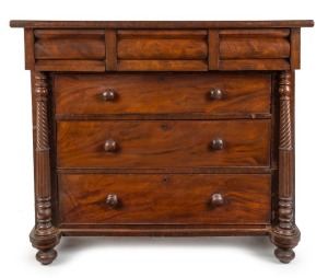 A Colonial Australian cedar chest of six drawers with cantilever top and unusual barley twist and fluted columns, full cedar construction with cross banded edging and cockbeaded decoration, New South Wales origin, circa 1840, 118cm high, 139cm wide, 63cm deep