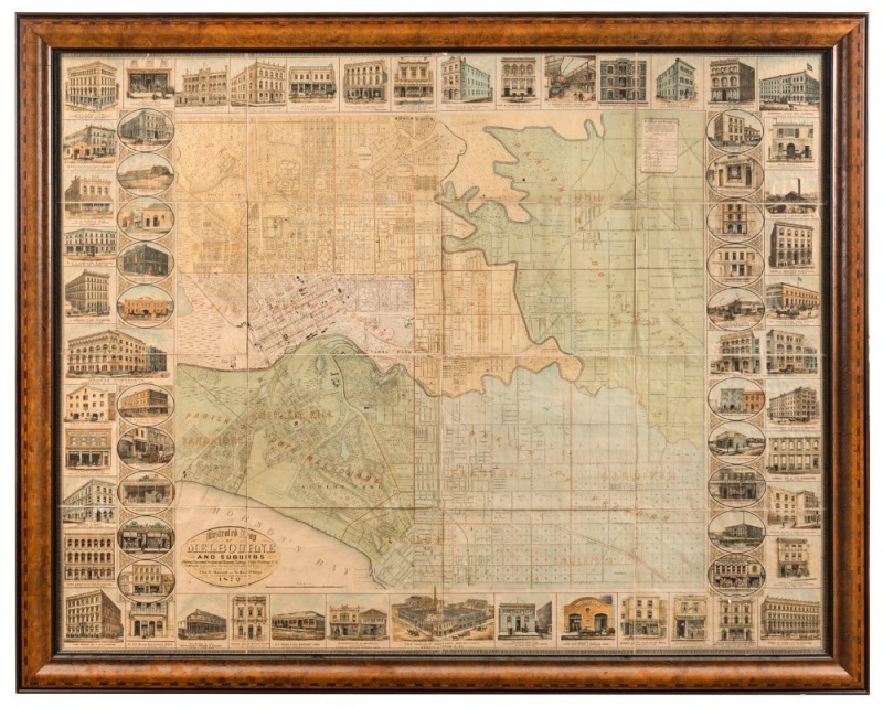 "ILLUSTRATED MAP of MELBOURNE AND SUBURBS Showing Government Sections and Allotments, Railways, Public Buildings, &c, &c. COMPILED from the latest Surveys and most authentic Sources to date. Published by Chas. F. Maxwell and W. Reed Phillips, 74 Chancery