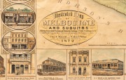 "ILLUSTRATED MAP of MELBOURNE AND SUBURBS Showing Government Sections and Allotments, Railways, Public Buildings, &c, &c. COMPILED from the latest Surveys and most authentic Sources to date. Published by Chas. F. Maxwell and W. Reed Phillips, 74 Chancery - 2