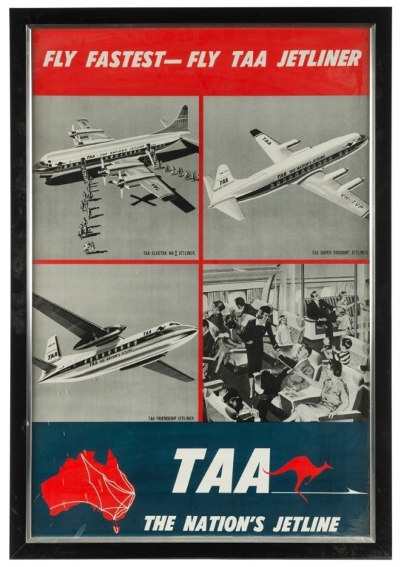 FLY FASTEST - FLY TAA JETLINER, poster depicting the Electra Mk.II, the Super Viscount and the TAA Friendship with a lovely interior view, Artist Unknown, 90 x 60cm.