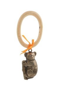 Koala silver plated baby rattle with attached ivory teething ring, late 19th early 20th century, 12cm high overall