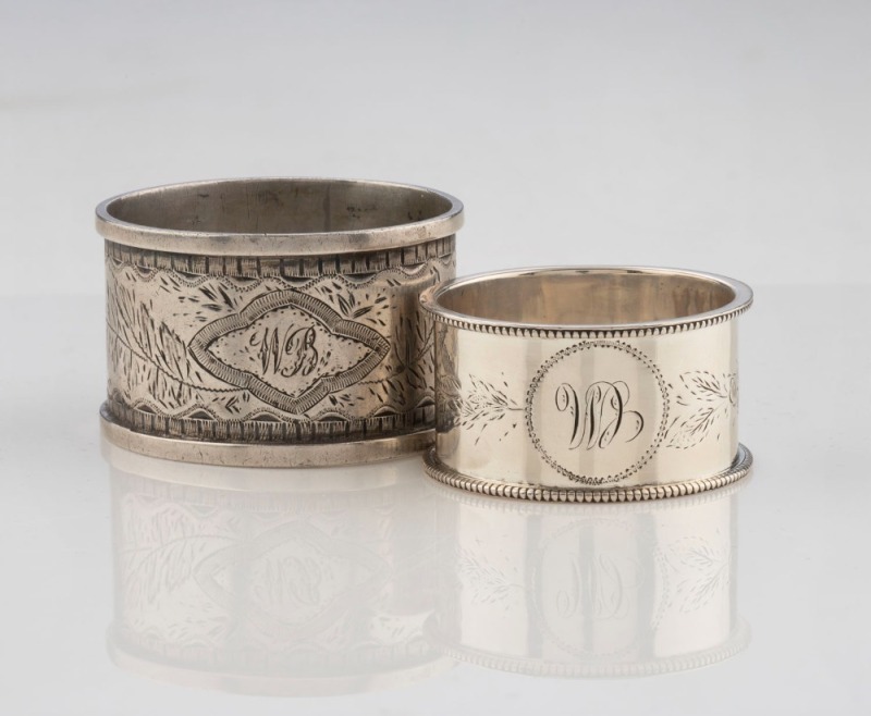 GAUNT Australian silver napkin ring together with a DENIS BROS. Australian silver napkin ring, Melbourne origin, 19th/20th century, 4.5cm and 5.5cm diameter, 72 grams total