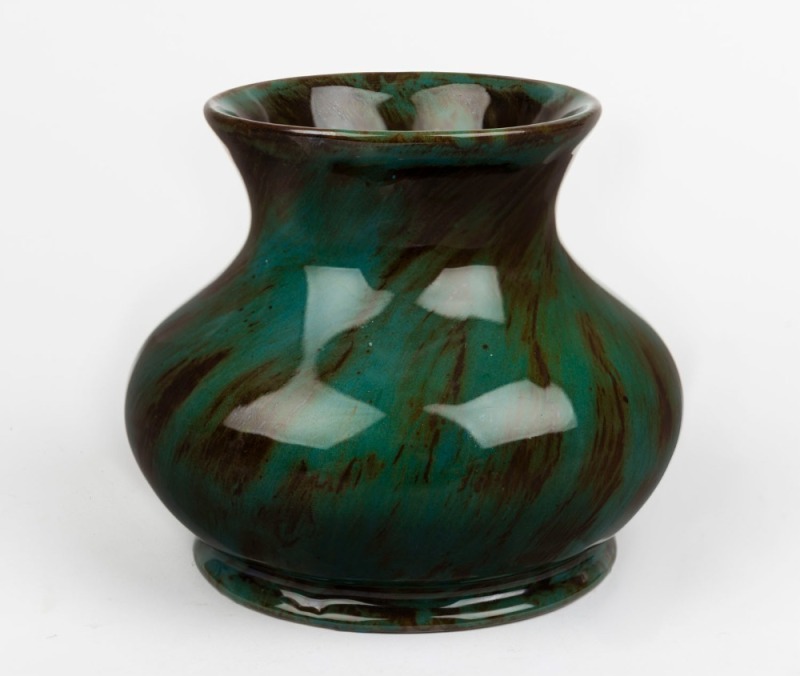 CRUFFEL Australian ceramic vase with green and brown glaze. 14cm high, 16cm wide