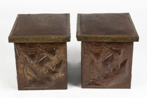 A pair of fire side coal bins adorned with embossed brass koala motifs, early 20th century, 31cm high, 30cm wide, 36cm deep