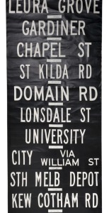 MELBOURNE TRAM DESTINATION ROLL: Camberwell Depot, circa 1977, destinations/routes including Olympic Park, Windsor, Toorak Rd, Burwood, City via Williams St, Kew Depot via LaTrobe St, Hawthorn, University; 101cm wide, 1052cm long.