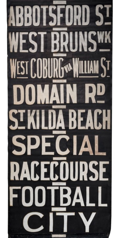 MELBOURNE TRAMWAYS DESTINATION ROLL, circa 1950s, ESSENDON DEPOT, with destinations including City via North Melbourne, Moonee Ponds, Footscray, St Kilda Beach, Domain Rd, West Coburg via Williams Street, Hanna Street Depot; 110cm wide, 840cm long.