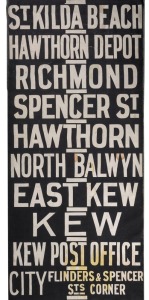 MELBOURNE TRAMWAYS DESTINATION ROLL, circa 1962, HAWTHORN DEPOT, with destinations including Richmond, Burnley, Riversdale, Wattle Park- Elgar Rd, Bowen Street, Camberwell Depot, Hawthorn Depot, Kew East, City via LaTrobe Street; 100cm wide, 826cm long.