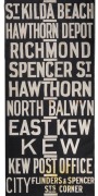 MELBOURNE TRAMWAYS DESTINATION ROLL, circa 1962, HAWTHORN DEPOT, with destinations including Richmond, Burnley, Riversdale, Wattle Park- Elgar Rd, Bowen Street, Camberwell Depot, Hawthorn Depot, Kew East, City via LaTrobe Street; 100cm wide, 826cm long.