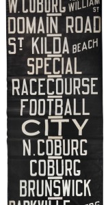 MELBOURNE TRAMWAYS DESTINATION ROLL, circa 1964 ESSENDON DEPOT, with destinations including City via North Melbourne, Showgrounds, Essendon, Bulla Rd, Toorak, Glenferrie Rd, University, Racecourse, Brunswick, Moreland; 101cm wide, 816cm long.