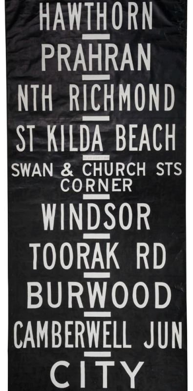 MELBOURNE TRAMWAYS DESTINATION ROLL, circa 1968, KEW DEPOT, with destinations including Glenferrie, Malvern Town Hall, Gisborne Street, Victoria Bridge, Mont Albert, Deepdene, Kew Post Office, Swan & Church Sts Corner, Burwood; 101cm wide, 900cm long.