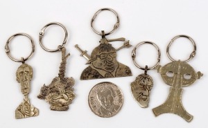 POLITICAL KEY RINGS, group of four engraved metal examples including Bob Hawke, Norm Gallagher (controversial trade unionist), Neville Wran, and unidentified politician; together with a "TWO BOB" coin depicting BOB HAWKE, 1980s, (5 items),