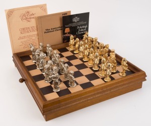 LARRY PICKERING "Dismissal" novelty chess set. Limited edition 139/1000. Hand-cast pewter with 22ct yellow and white gold plating. Signed by Pickering, circa 1980. Rare. ​​​​​​​The board 46 x 46cm