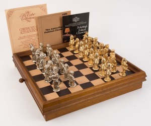 LARRY PICKERING "Dismissal" novelty chess set. Limited edition 139/1000. Hand-cast pewter with 22ct yellow and white gold plating. Signed by Pickering, circa 1980. Rare. The board 46 x 46cm