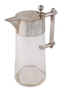 THE KAISERIN, AUGUSTA, FLUSS EXPEDITION, PAPUA NEW GUINEA. Impressive oversized German silver and glass claret jug engraved in German on the lid (translation), "IN GRATEFUL MEMORY, THE MEMBERS OF THE KAISERIN AUGUSTA-RIVER-EXPEDITION, 1912/13". Stamped 80