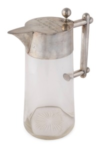 THE KAISERIN, AUGUSTA, FLUSS EXPEDITION, PAPUA NEW GUINEA. Impressive oversized German silver and glass claret jug engraved in German on the lid (translation), "IN GRATEFUL MEMORY, THE MEMBERS OF THE KAISERIN AUGUSTA-RIVER-EXPEDITION, 1912/13". Stamped 800 with the German crown and crescent mark. An impressive 34.5cm high, 24cm wide
