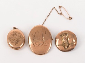 An antique Australian 9ct rose gold locket and two brooches, 19th/20th century, (3 items), the largest 3.7cm high, 11 grams total