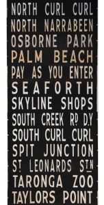 SYDNEY BUS DESTINATION ROLL: circa 1970s, destinations including Wynyard, Avalon Beach, Balmoral Heights, Beauty Point, Manly North, Mona Vale Hospital, New Port Beach, Taronga Zoo, Skyline Shops, The Spit, South Curl Curl; 83cm wide, 984cm long.