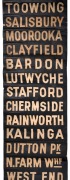 BRISBANE TRAM DESTINATION ROLL: circa 1950's, destinations including Mt Gravatt, Bulimba Ferry, South Brisbane Hospital, Camp Hill, Grange, Stafford, Bellmoral, Greenslopes, St Paul's Terrace; 51cm wide, 420cm long.