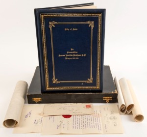 JAMES ROBBIE MATHERS J.P. (councillors) archive including a very attractive gilt leather-bound hand-painted certificate signed by the councillors of the City of Kew, Victoria with accompanying letters, documentation and assorted certificates