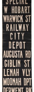 HOBART TRAM DESTINATION ROLL: circa 1950's, destinations including West Hobart, Augusta Rd, Giblin St, Moonah Dpt, Springfield, Glenorchy, City, Sandy Bay., Lambert Av, Showgrounds, Races; 45cm wide, 315cm long.