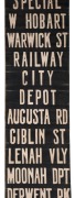 HOBART TRAM DESTINATION ROLL: circa 1950's, destinations including West Hobart, Augusta Rd, Giblin St, Moonah Dpt, Springfield, Glenorchy, City, Sandy Bay., Lambert Av, Showgrounds, Races; 45cm wide, 315cm long.