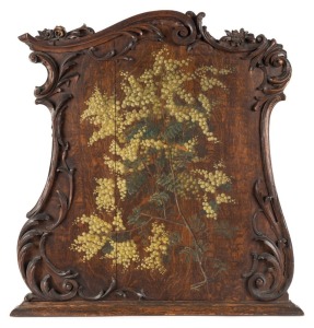 TREEDE & PRENZEL antique fire screen, carved oak with hand-painted wattle blossoms, signed "Treede and Prenzel, 1 Sturt Street S.M. Europ. Lab" 87 x 83cm