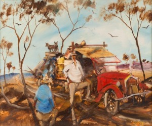 HUGH SAWREY (1919-1999), The Camp Cook and His Offsider (On The Dajarra-Boulia Stock Route, W. QLD), oil on board, signed lower right "Sawrey", titled verso, 50 x 60cm, 73 x 84cm overall