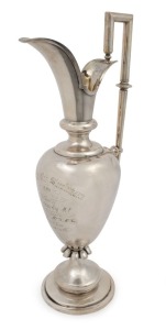J. M. WENDT Colonial Australian silver trophy ewer, engraved "ADELAIDE HUNT CLUB STEEPLE CHASERS, 1889, Drag Cup Presented by W. A. Horn Esq. M.P. Won by PILOT. Ridden by Mr. T. McFie, Distance Three Miles, Time 7 Min 14 Sec", stamped "J. M. Wendt, Adelai