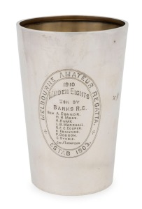 WILLIAM DRUMMOND Australian silver rowing trophy beaker, engraved "Melbourne Amateur Regatta, 1910, Maiden Eights", stamped "Drummond, STG. SILVER", 12cm high, 228 grams