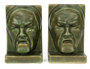 MELROSE WARE "Tragedy" green glazed pottery bookends, stamped "Melrose Ware, Australian", 15cm high