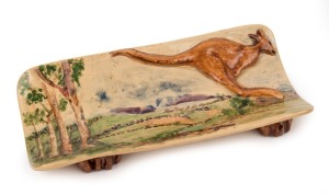 UNA DEERBON rare pottery dish with applied kangaroo decoration and hand-painted landscape scene, incised "Deerbon", ​​​​​​​21.5cm wide