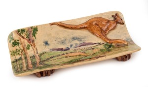 UNA DEERBON rare pottery dish with applied kangaroo decoration and hand-painted landscape scene, incised "Deerbon", 21.5cm wide