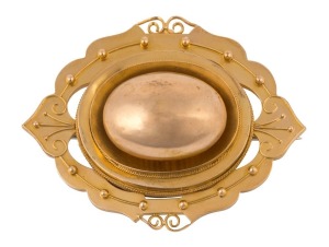 An antique Colonial mourning brooch with window back, tests as 18ct gold or better, most likely Melbourne origin, 19th century, 5cm wide, 13 grams total