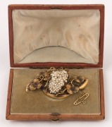 An antique Colonial gold brooch set with leaves and seed pearl floral cluster, housed in original fitted plush box, 19th century, ​​​​​​​6cm wide, 10.3 grams total - 2