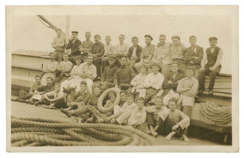 SHIPS & SHIPPING:  1900-1950s array in album with better real-photo types including dual image card showing "HMS Psyche in a heavy sea, Bass Straits" dated 1908, crew of trading ship SV Port Jackson (cadet training ship, torpedoed in 1917), also  "A.R. Wo