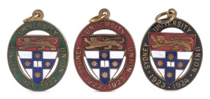 SYDNEY UNIVERSITY: enamel fobs & badges for "Sydney University Union" 1921-22, 1922-23, 1923-24 & 1924-25; "S.U.S.U." 1923-24 and 1930-31; "S.U.W.U." 1930 badge and "S.U.P.A." Life Member badge. A scarce group. (8 items).