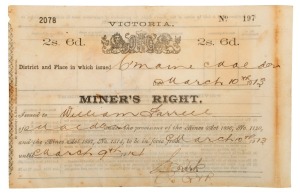 VICTORIAN MINER'S RIGHT: March 1913 Miner's Right No.197 with a face value of 2/6 issued to William Farrell at Castlemaine-Maldon. 
