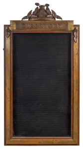 "DIRECTORY" lobby notice board cabinet, copper and brass decorated with gumnuts and leaves, early 20th century, manufactured by "Gill", 140cm high x 69cm wide x 8cm deep