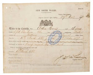 NEW SOUTH WALES POLICE DEPARTMENT CERTIFICATE OF SERVICE: December 1870 document printed [Form 22] on vellum (in 1867) completed in manuscript, for Arthur Harris, who had served in the NSW Police for two years from March 1868 to October 1870, "having resi