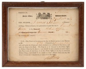 A VAN DIEMEN'S LAND TRAVEL PASS ISSUED TO A TICKET-OF-LEAVE HOLDER, November 1844: A travel pass issued to JAMES SHAW (described verso as having arrived on the convict ship "Asia 5" to serve his sentence of 7 years transportation) to permit him to travel 