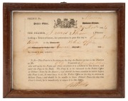 A VAN DIEMEN'S LAND TRAVEL PASS ISSUED TO A TICKET-OF-LEAVE HOLDER, November 1844: A travel pass issued to JAMES SHAW (described verso as having arrived on the convict ship "Asia 5" to serve his&nbsp;sentence of 7 years transportation) to permit him to travel 
