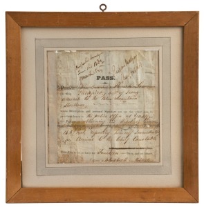 A TRAVEL PASS ISSUED TO THOMAS FOX IN MARCH 1841: Fox had arrived in New South Wales in September 1839, one of 240 convicts transported on the 'Parkfield'; he had received a sentence of 7 years at the Kent Assizes. This travel pass, issued to Fox at Blackheath, permitted him to travel; "out of irons" to Yass to obtain his ticket of leave. Fox, 24 at the time of his conviction, could read and write; Protestant, single, native of Norwich, a shoemaker, convicted for stealing a shawl.