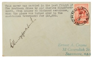 CHARLES KINGSFORD SMITH pen autograph on an envelope carried by him on the 18th July 1935 Last Flight of the "Southern Cross" from Sydney to Richmond.