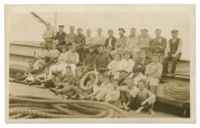 SHIPS & SHIPPING:  1900-1950s array in album with better real-photo types including dual image card showing "HMS Psyche in a heavy sea, Bass Straits" dated 1908, crew of trading ship SV Port Jackson (cadet training ship, torpedoed in 1917), also  "A.R. Wo - 5